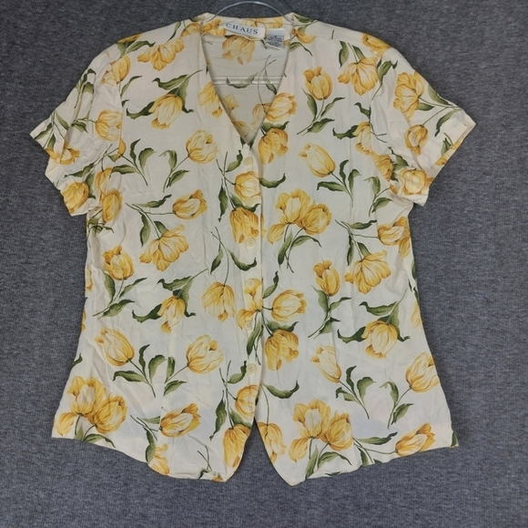 Chaus Tops - CHAUS WOMEN VINTAGE CREAM YELLOW FLORAL TULIP PRINT V-NECK BUTTON UP SHIRT SZ 12
